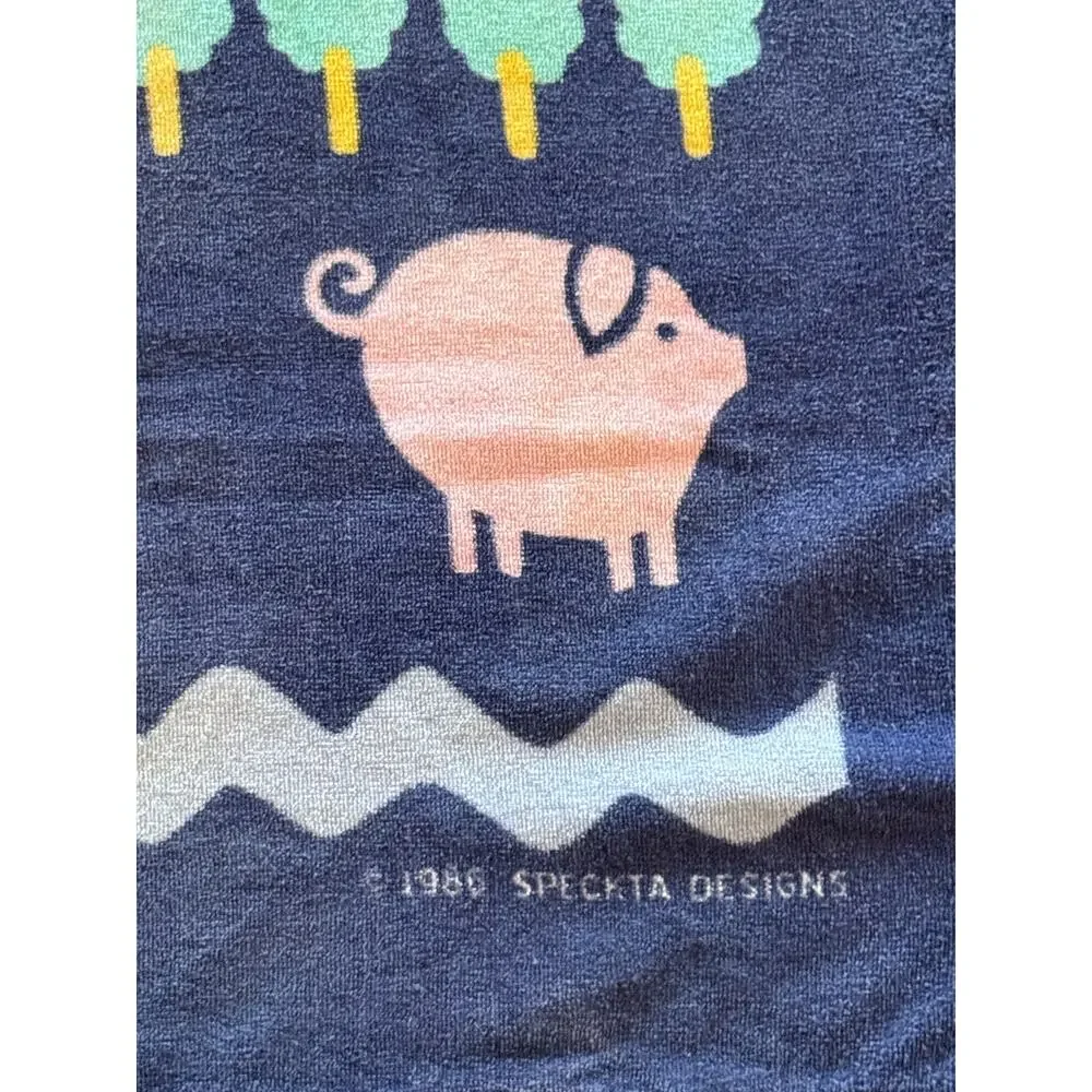 Speckta Designs 1986 Vintage Farm Animal Towel Navy 80s Novelty Geese Pigs Cows